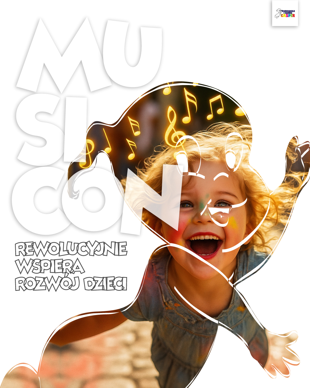 Musicon przedszkole Lubartów. Grafika z uśmiechniętym dzieckiem oraz nutkami.